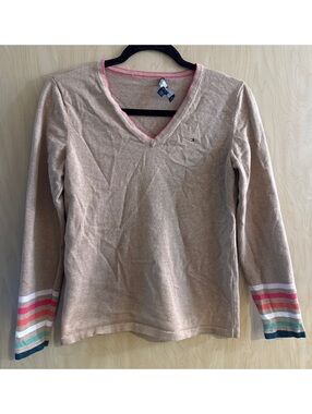 Y2K Tommy Hilfiger V-neck sweater colorful striped cuffs size small